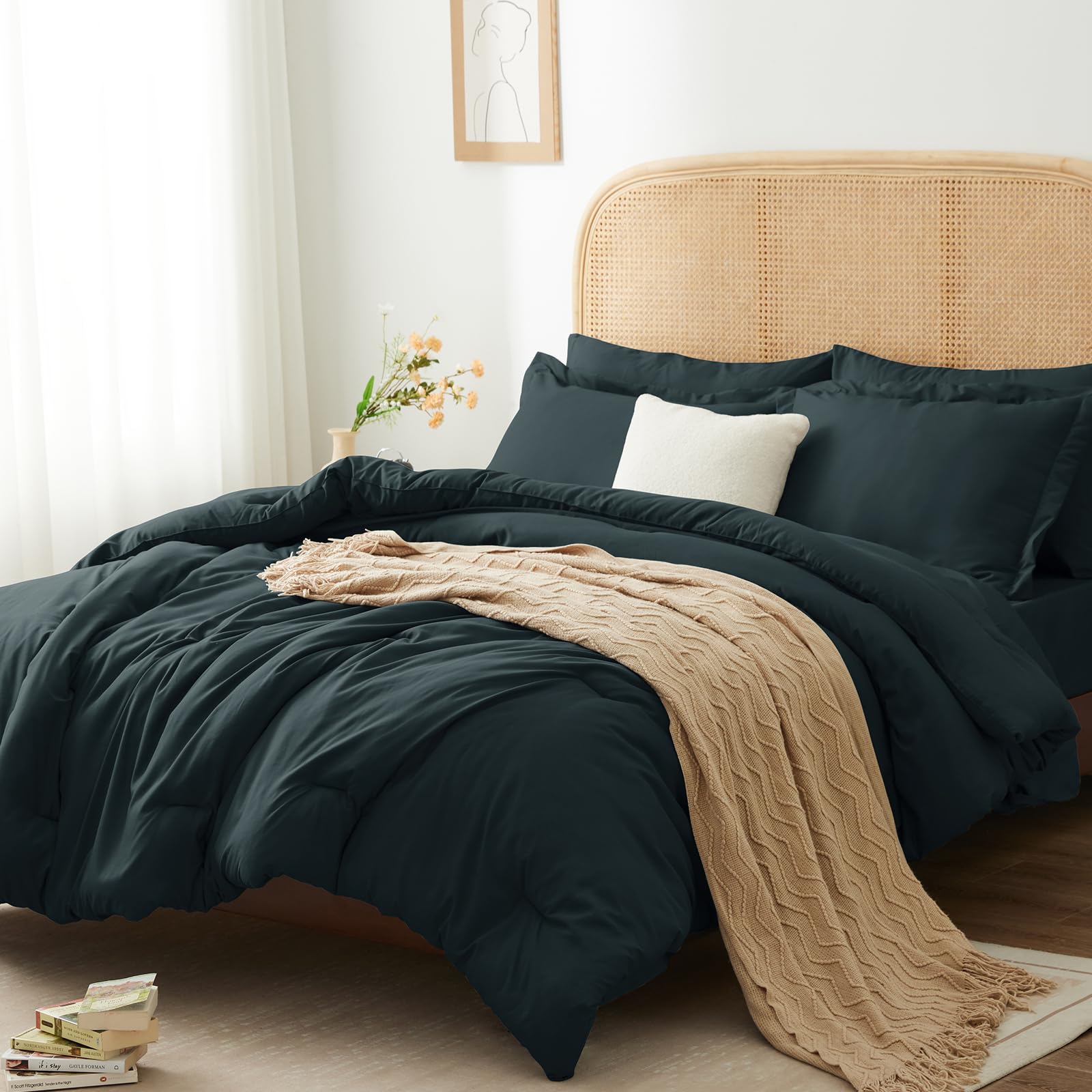 Himeet Queen Comforter Set -Navy Blue Bed In A Bag,Navy Blue Comforter 7 Pieces All Season,Navy Comforter Queen Size With 1 Comf